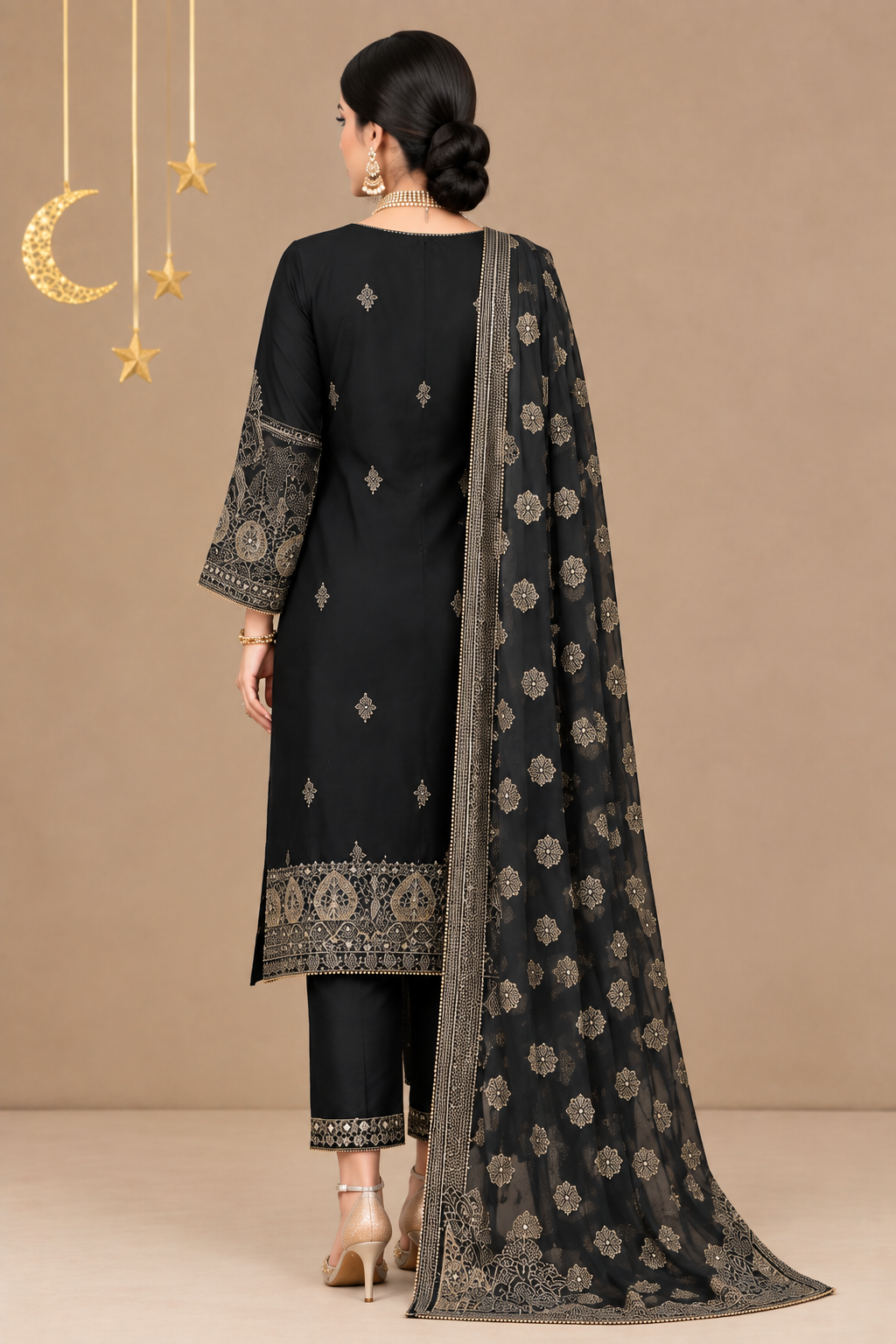 3-Piece Embroidered Ensemble Black Suit
