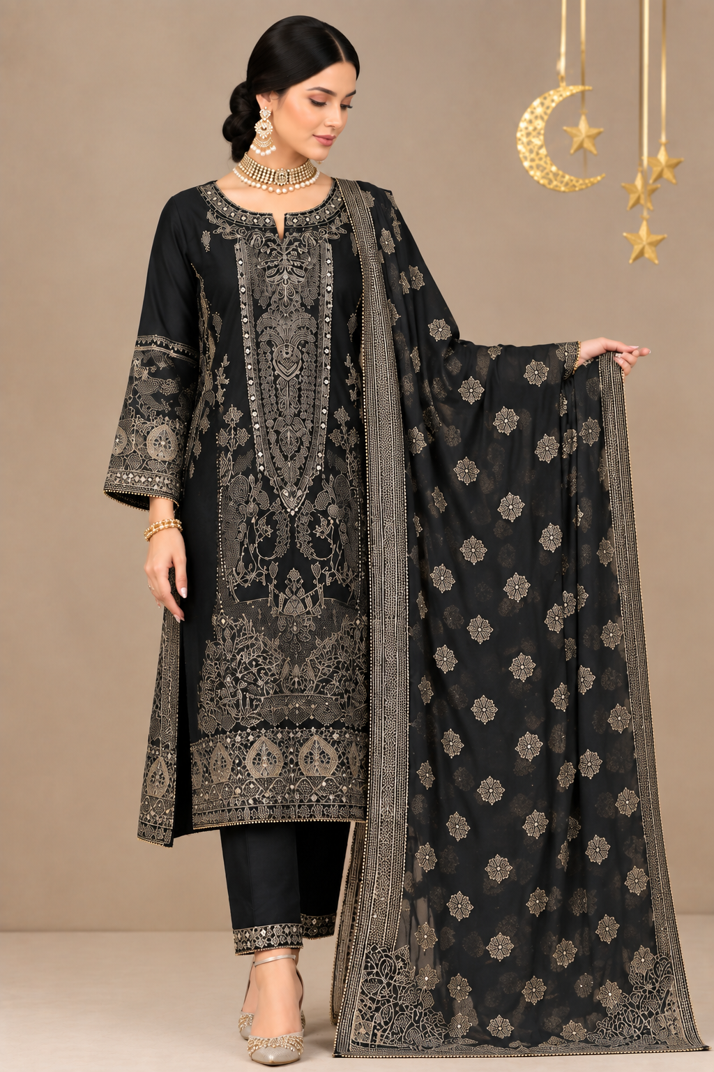 3-Piece Embroidered Ensemble Black Suit