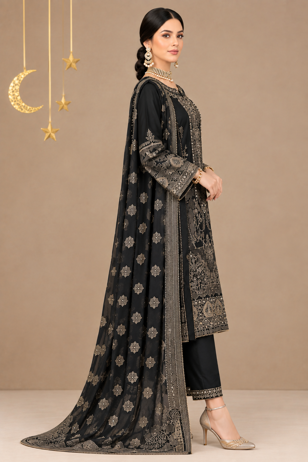 3-Piece Embroidered Ensemble Black Suit