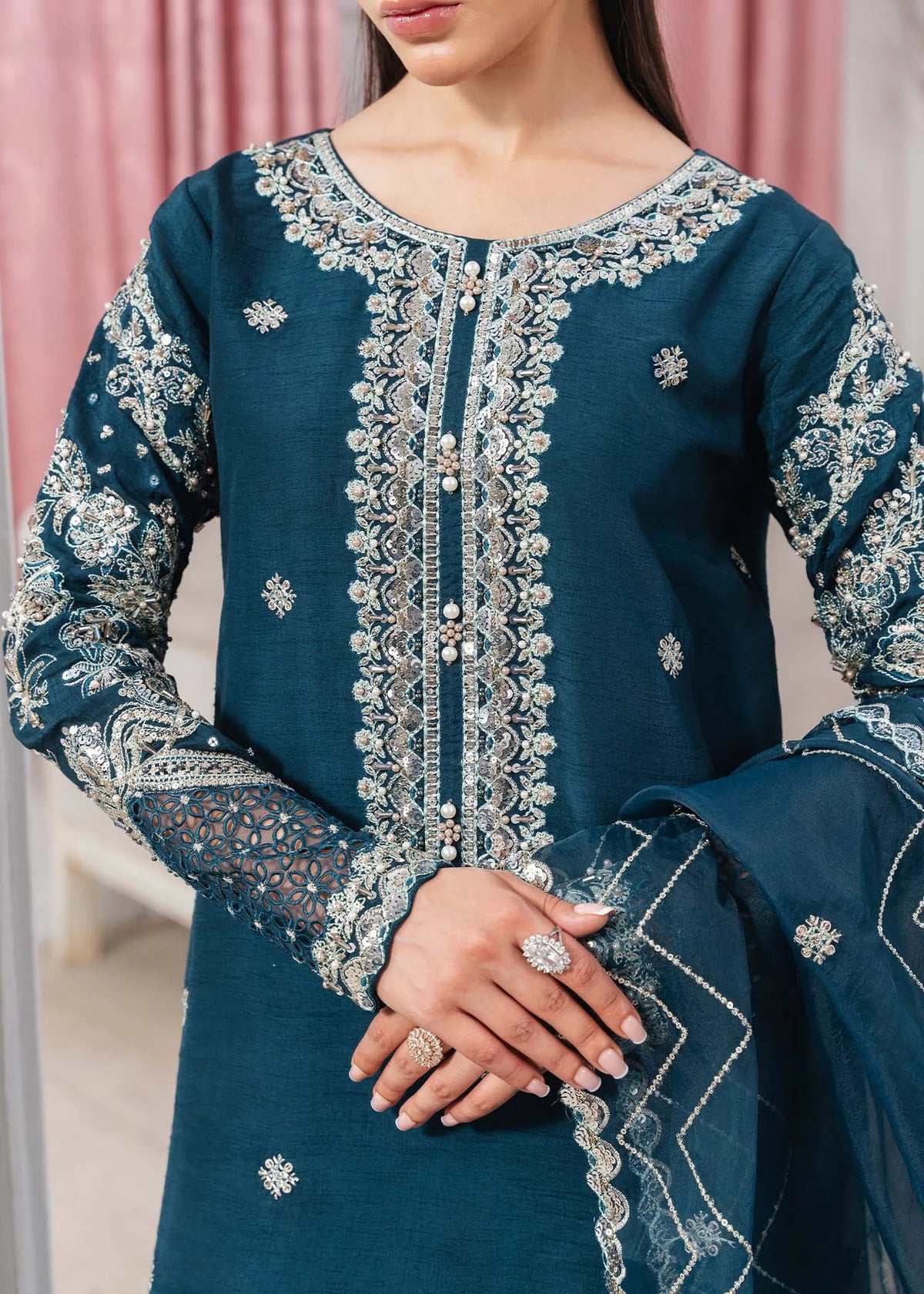 3- Piece Embroidered Raw Silk Suits
