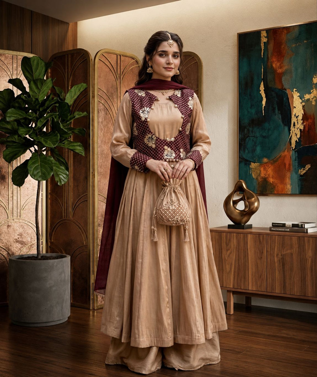 3- Piece Luxury Silk Flared Frock with Embellished Embroidered