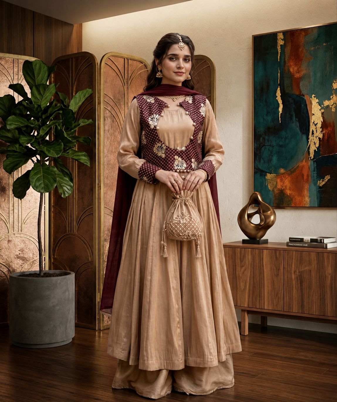 3- Piece Luxury Silk Flared Frock with Embellished Embroidered