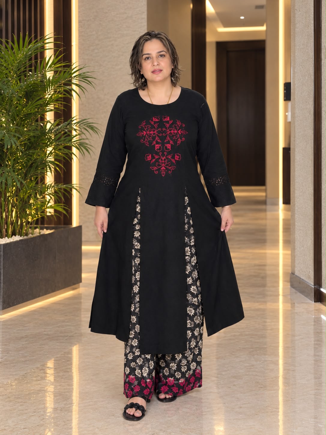 2- Piece Embroidered Black Cambric Suit