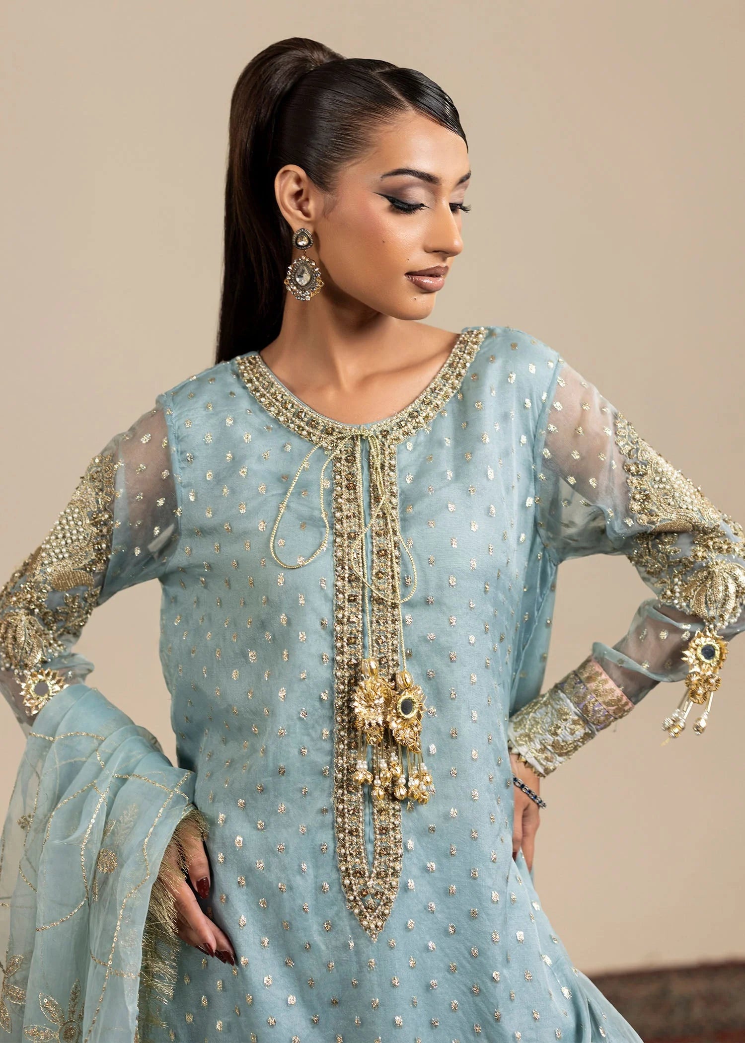3- Piece Ice Blue Organza Gharara Set
