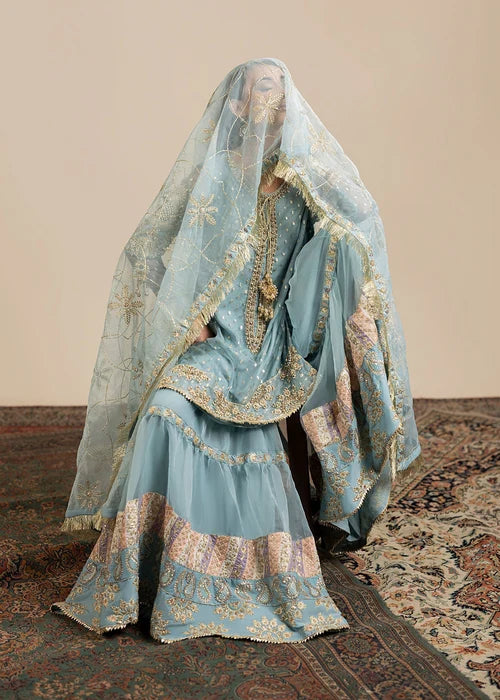 3- Piece Ice Blue Organza Gharara Set