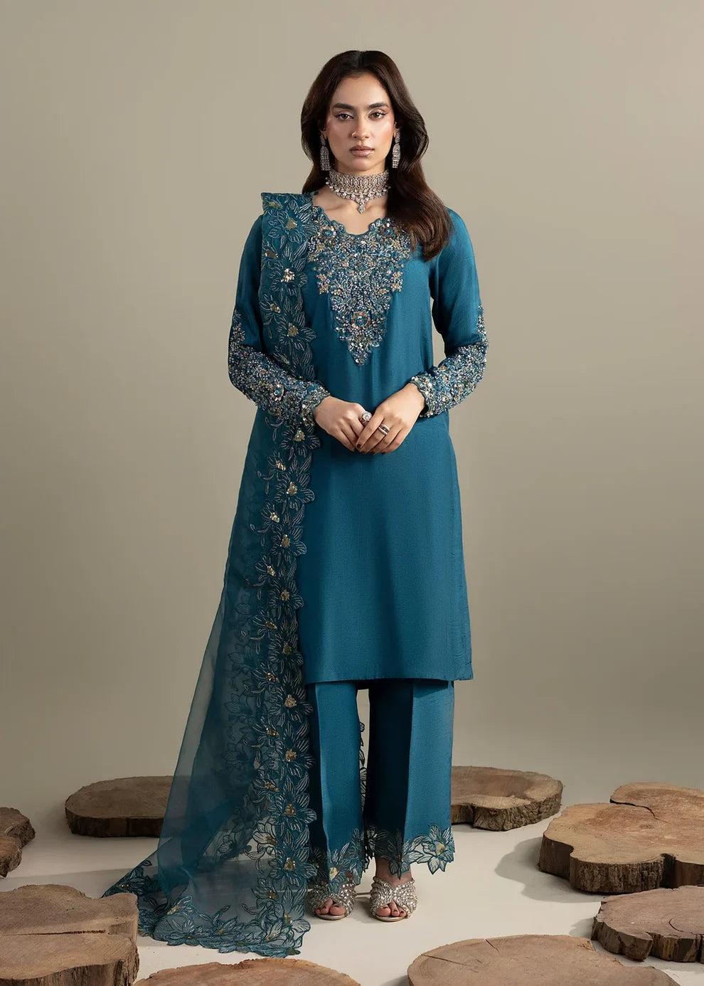 3- Piece Embroidered Raw Silk Suit