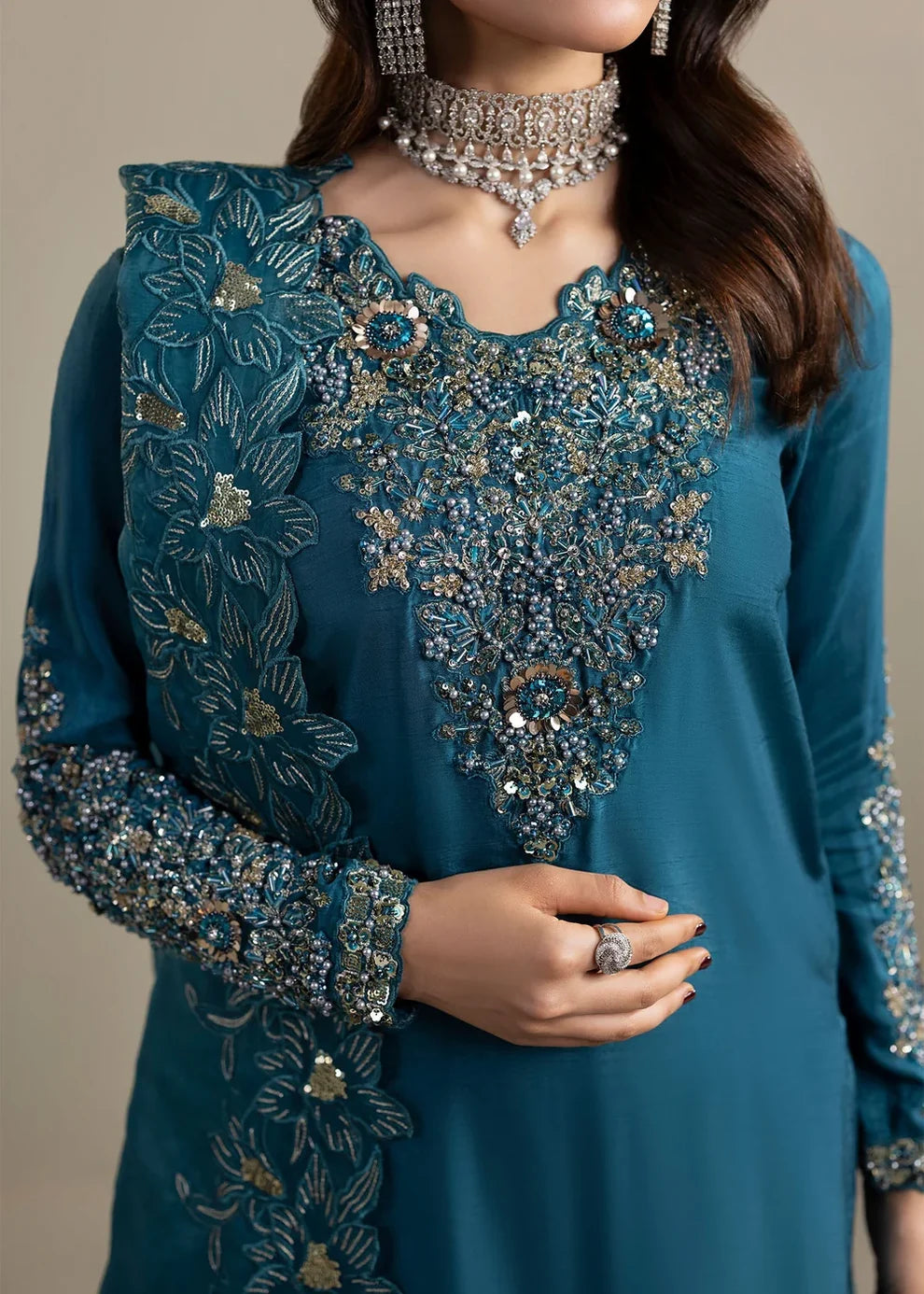 3- Piece Embroidered Raw Silk Suit