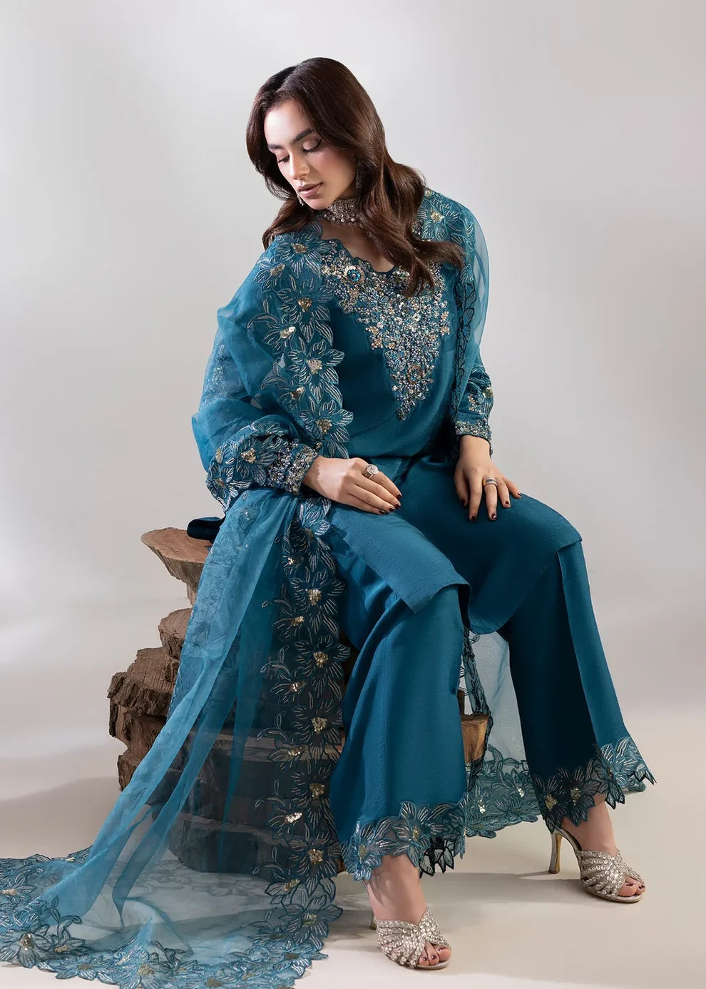 3- Piece Embroidered Raw Silk Suit