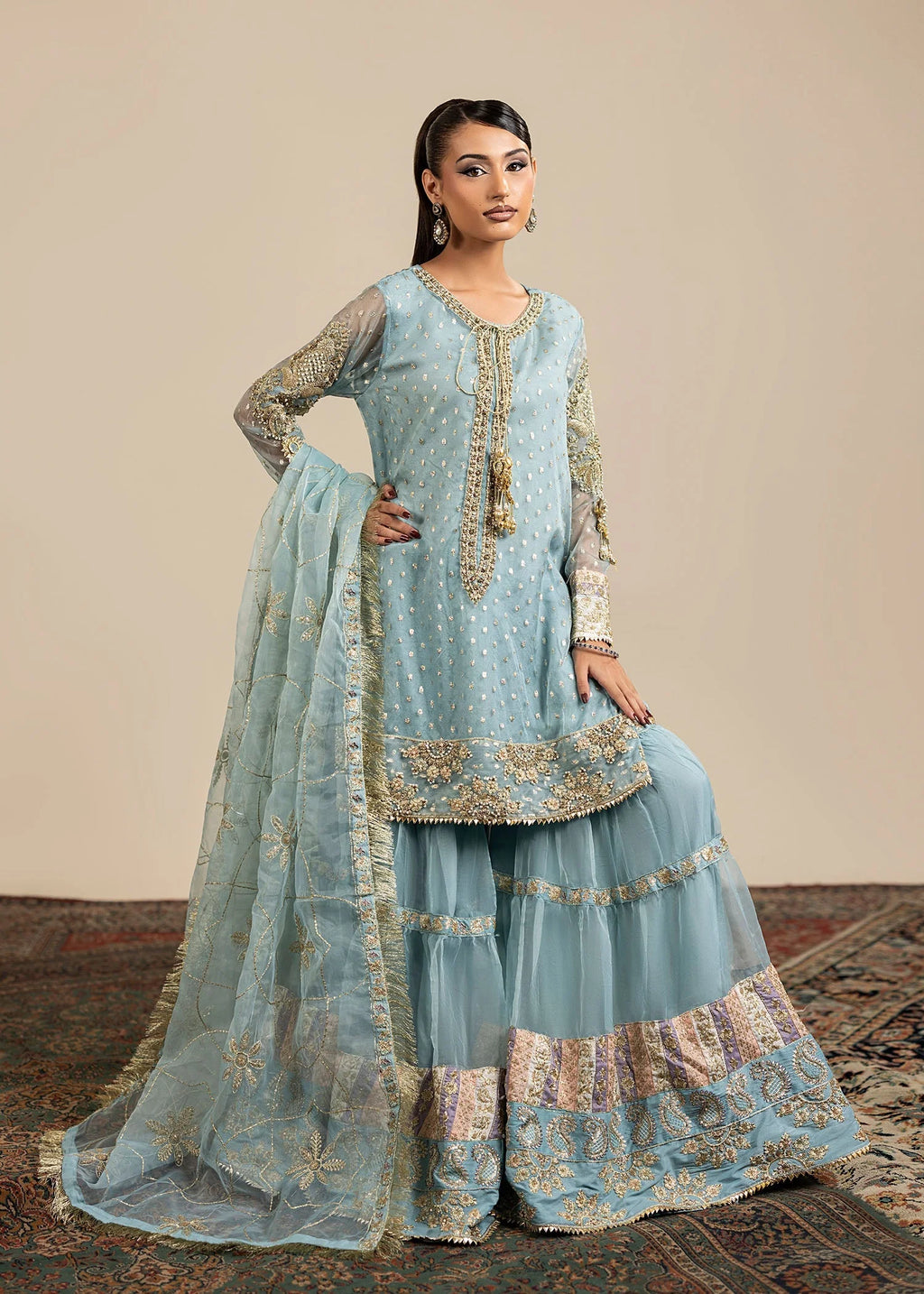 3- Piece Ice Blue Organza Gharara Set