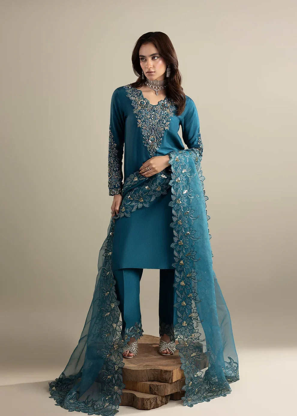 3- Piece Embroidered Raw Silk Suit