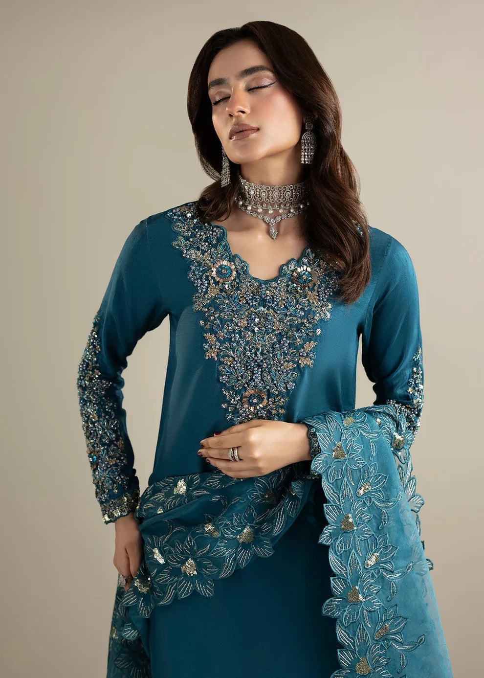 3- Piece Embroidered Raw Silk Suit