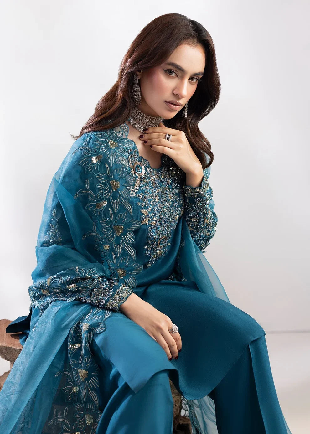 3- Piece Embroidered Raw Silk Suit
