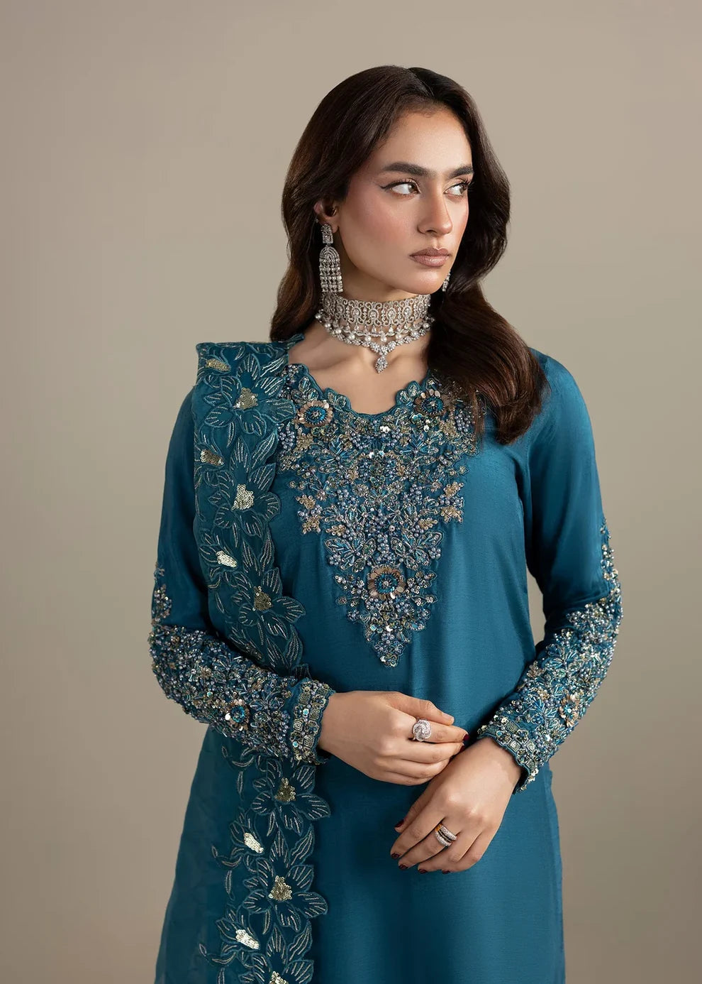 3- Piece Embroidered Raw Silk Suit