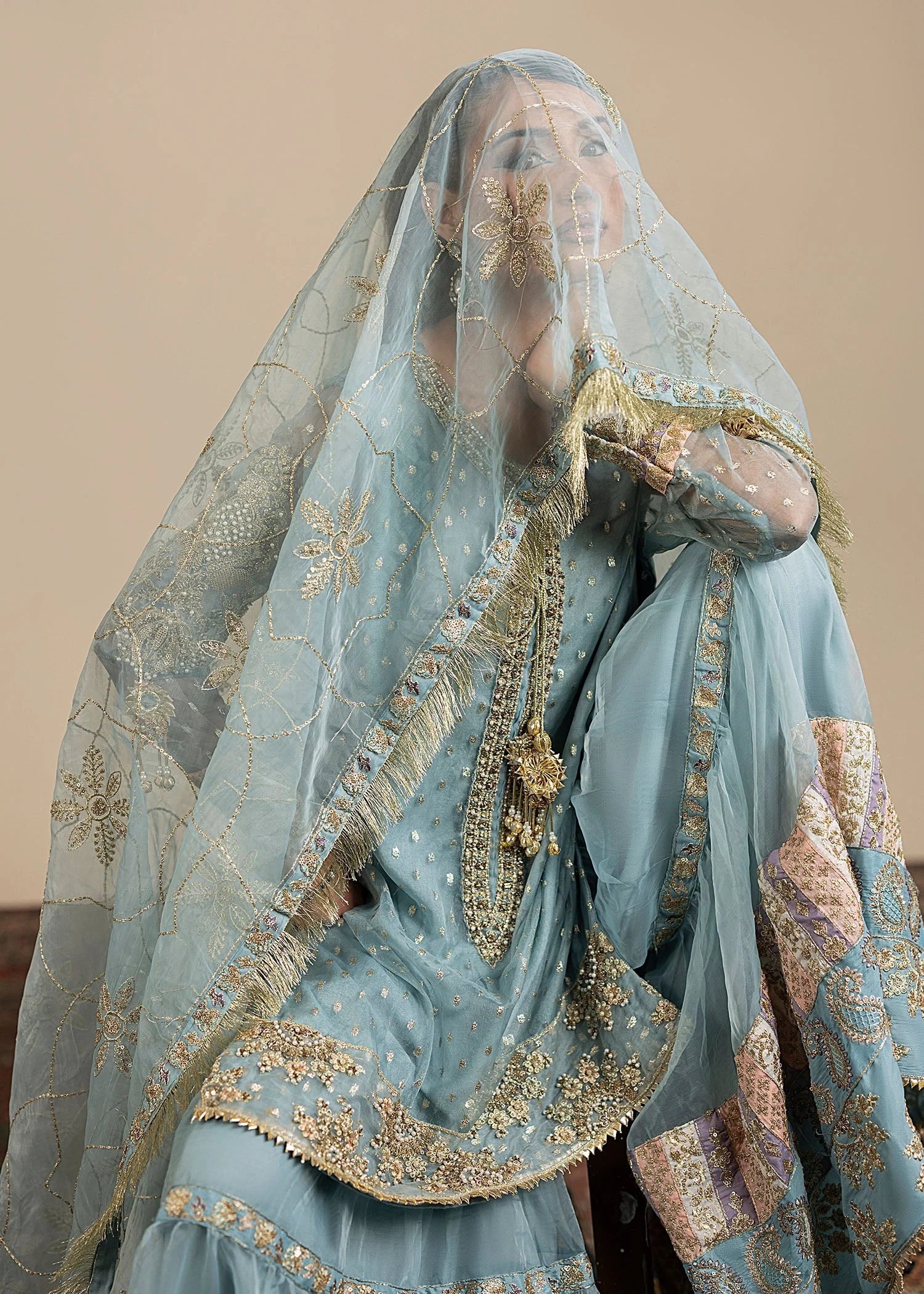 3- Piece Ice Blue Organza Gharara Set